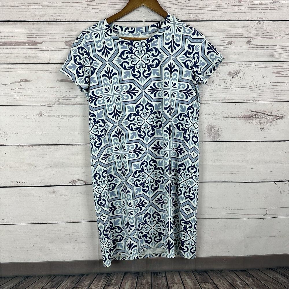 Southern Tide Dress Womens Small Blue Amelia Tile Print Blue Herron Costal Nylon